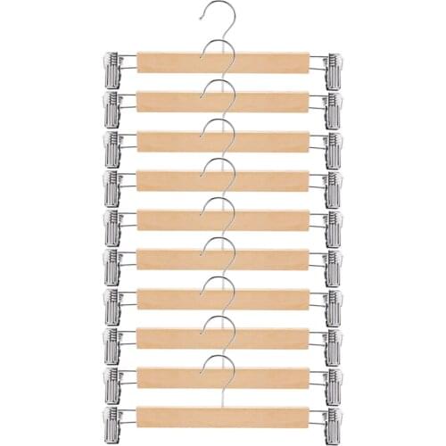 Wooden Skirt Hangers with Adjustable Clips (Pack of 10) Non-Slip Trouser Hanger Natural Finish Lotus Wood Pants hangers, 360 Deg
