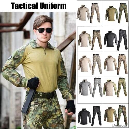 Military Uniform Tactical Camouflage Suit Men Army Clothing Airsoft Paintball Combat Shirt + Cargo Pants with Knee Elbow Pads