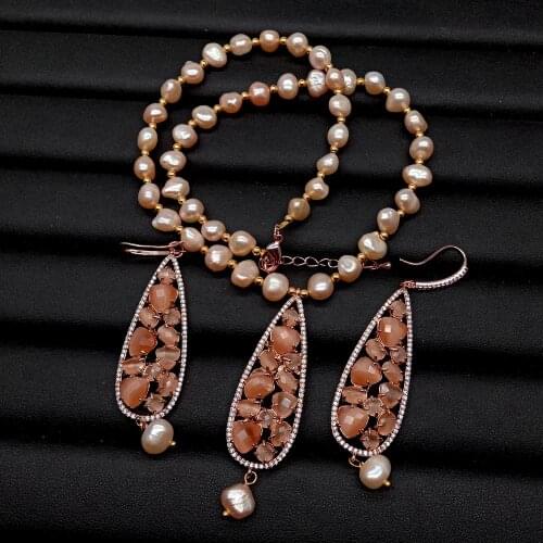 YYGEM Natural Cultured Pink Potato Freshwater Pearl Bezel Set Orange Cat Eye Pendant Necklace Earrings Set