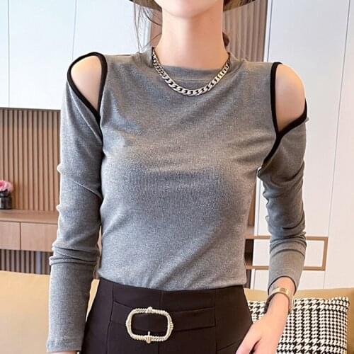 Cotton Off Shoulder Tee Shirt Femme 2021 Solid O-Neck Tshirt Women Long Sleeve Top T Shirt Spring Autumn Slim Camisetas De Mujer