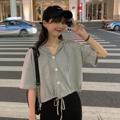 2021 Summer Loose Single-breasted Pocket Hooded T-shirt Womens Short Sleeve Casual Tops Mori Girls T Shirts 3 Colors