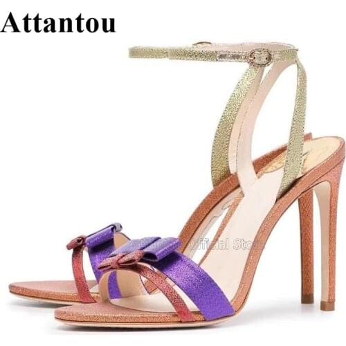 New Mixed Color Satin Silk Butterfly Knot Thin High Heel Sandals Women Stiletto Heeled Ankle Strap Gladiator Zapatos