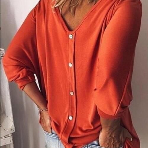 Women Casual three-quarter Sleeve Loose T-Shirts Solid Color Button Tunic Tops v-neck Female Pullover Tops Summer Tee Tops