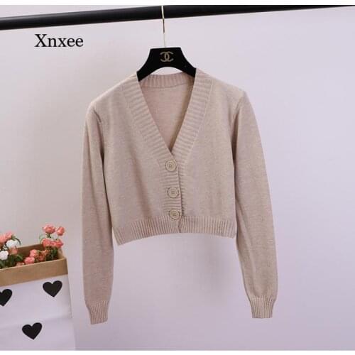 Autumn and Winter Womens Short Cardigan Top Sweater Womens Solid Color Short V-Neck Single-Breasted Knitted Cardigan