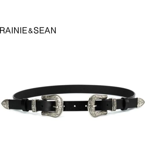 RAINIE SEAN Double Buckle Leather Belt Black Two Buckle Belts For Women Real Leather Vintage Designer Brand Female Waist Belt