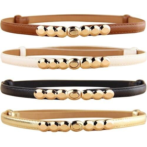 Women Faux Leather Belt Gold Tone Alloy Buckle Thin Girdle Waistband Adjustable