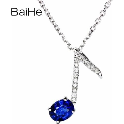 BAIHE Solid 18K White Gold 0.40CT Oval Natural Sapphire Women Fine Jewelry Musical notes diamond sapphire pendant Necklaces