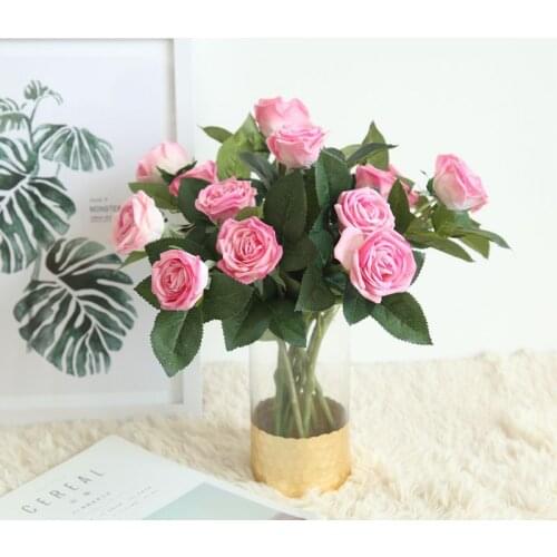 4 Pcs 2 Heads of Tea Rose Real Touch Feel Artificial Flowers Wedding Bouquets Bridal Holding Flower Home Decoration Roses Floral