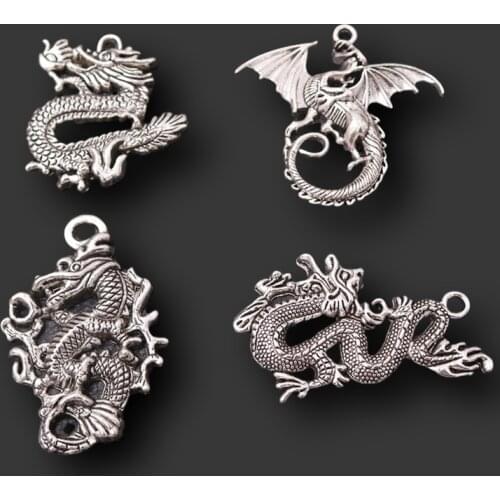 4pcs Silver Plated Multi-style Dragon Charm Metal Pendants Retro Necklace Earrings DIY Jewelry Handicraft Accessories A1410
