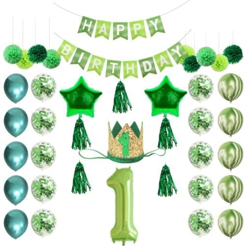 1Set Green Happy Birthday Banner Crown Headband Number Balloon Kids 1st Birthday Party Decoration Boy Girl 1 Year Old Supplies