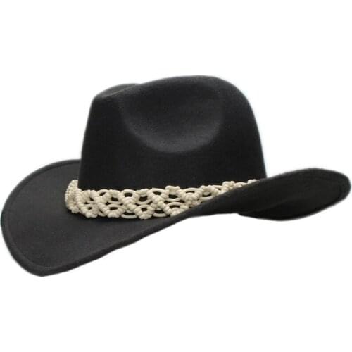 Retro White Hollow-out Knit Band Parent-child Unisex Adult / Kid Wool Wide Brim Cowboy Western Hat Cowgirl Bowler Cap (57cm/54cm