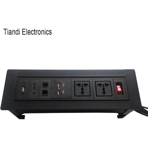 Black universal power jack manual rotary right angle tabletop socket with USB data charge HDMI dual network interface and switch