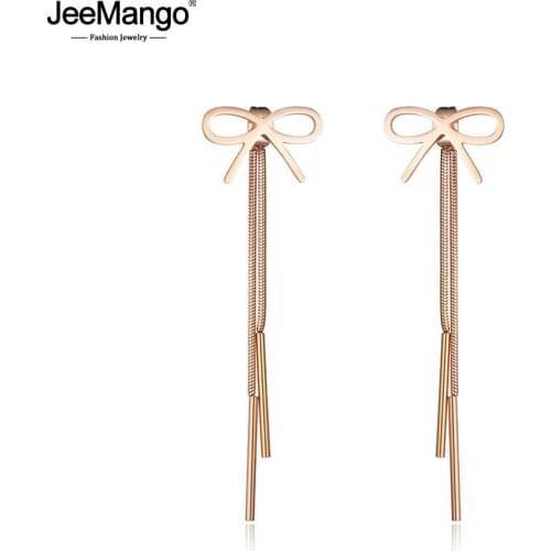 JeeMango Trendy Rose Gold Bowknot Long Geometric Fringed Titanium Steel Womens Earrings Party Pendant Gifts Oorbellen JE17061
