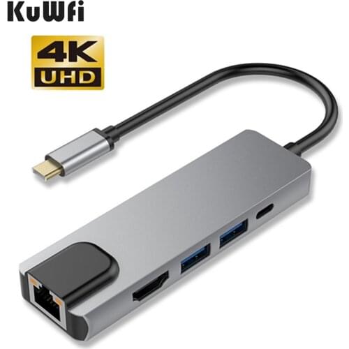 KuWFi USB Type C Hub 5 IN 1 Hdmi 4K USB C Hub to RJ45 Gigabit Ethernet Lan Adapter for Mac book Pro Thunderbolt 3 USB-C Charger