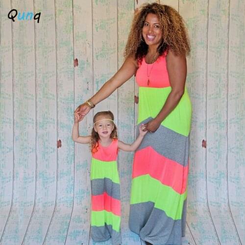 Qunq Summer Mother Daughter Dress 2021 New Striped Sleeveless Dresses for Woman Girl O-neck Casual Family Matching Clothing