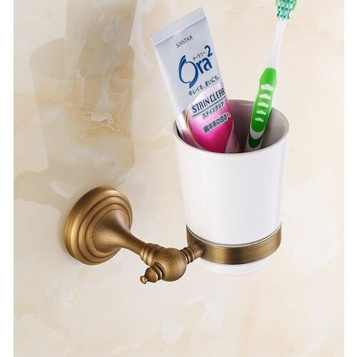 Wall Mounted Cup & Holders Antique Brass Cups Toothbrush Holder Bath Hardware Sets Single Cup Holder zba748