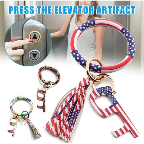 No Touching Door Opener Keychain PU Leather Bracelet Safe Door Handle Acrylic Keyring Portable Elevator Tool FS99