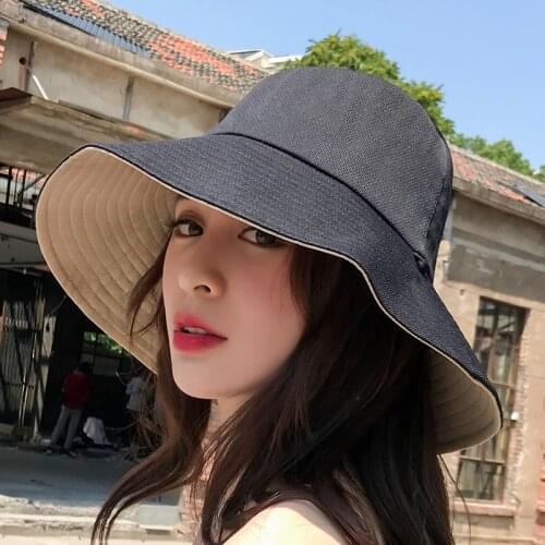 Bucket Hats Women All-match Streetwear Sunshade Double-sided Hat Womens Casual Students Accessories Soft Cap Black Big Brim