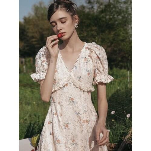 Dresses Women Summer Vintage Elegant Slim Floral Pink Lace Dress Korean Fashion Mori Girls Sweet V-Neck Long Dress vestidos