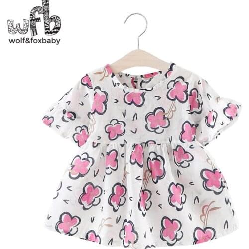 Retail 0-3 years short-sleeve girl dress children summer round neck Print pink and yellow flowers