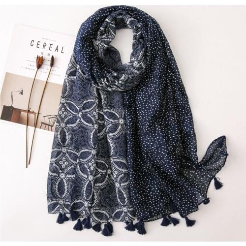 Silk scarves quality cotton hemp sunscreen scarf spring and summer navy blue and white porcelain print long tassel Cape