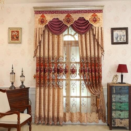 Custom curtains European livingroom Chenille hollow red embroidered bedroom blackout curtain tulle valance drape M703