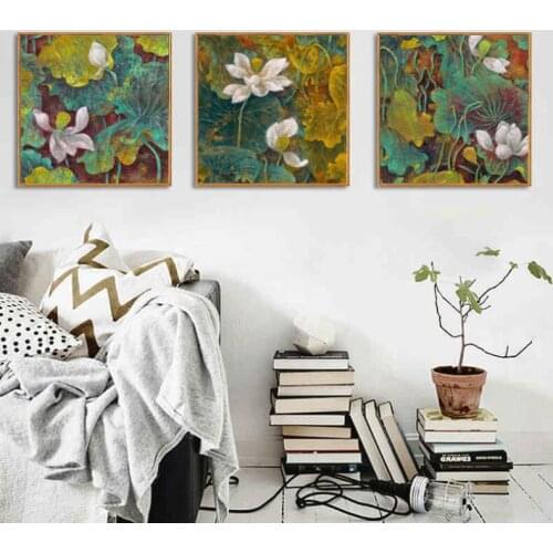 Modern calligraphy heavy color lotus inkjet paintings Living room sofa background triple width paintings Bedroom study hanging p