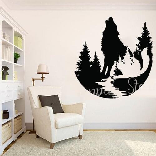Howling Wolf on Nature Wall Art Decor Sticker Tree Animals Wall Vinyl Decals Nursery Wild Pet Murals Room Decoration P514