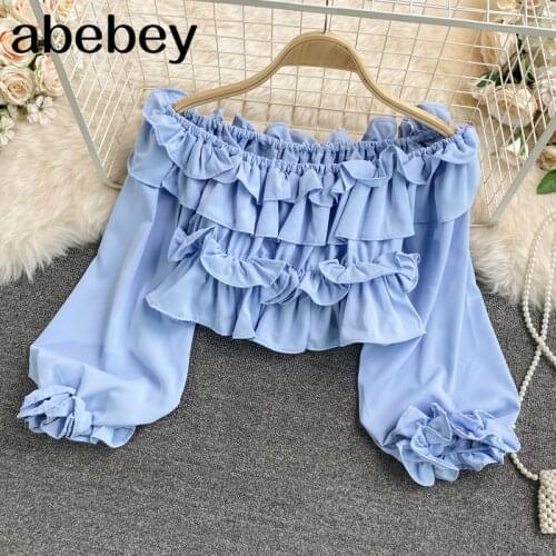 2021 New Summer Women Sweet versatile slash neck Lantern Sleeve Shirt high waist short Ruffles patchwork solid Shirt Top