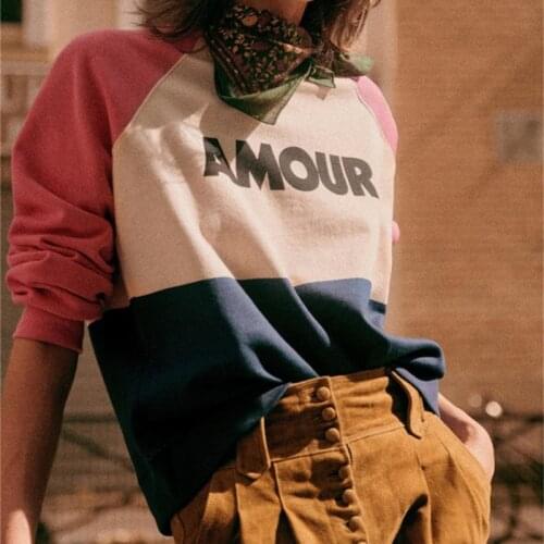 Women Color Patchwork Sweatshirts 100% Cotton Letter Printing O-neck Long Sleeve Female 2021 Early Autumn Casual Pullovers