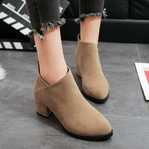 2021 Fashion Women Boots Casual Leather Low High Heels Spring Shoes Woman Pointed Toe Rubber Ankle Boots Black Zapatos Mujer
