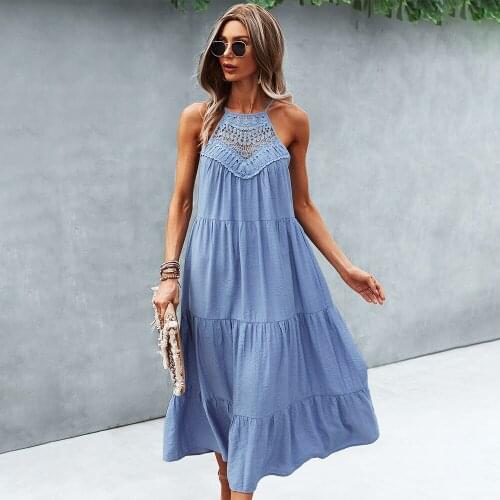 Women New Sexy Off Shoulder Hollow Out Fashion Casual Beach Halterneck Dresses Solid Stitching Large Swing Maxi Dress Femme Robe