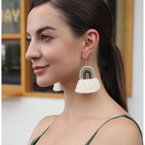 Fashion Jewelry Rainbow Design Dangle Drop Earring Handmade Cotton Thread Braided Boho Statement Earrings for Women