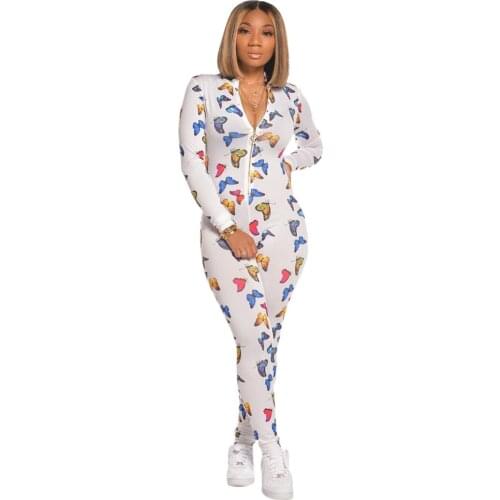 Womens Sexy V-Neck Printed Long Sleeve Front Zip Jumpsuit