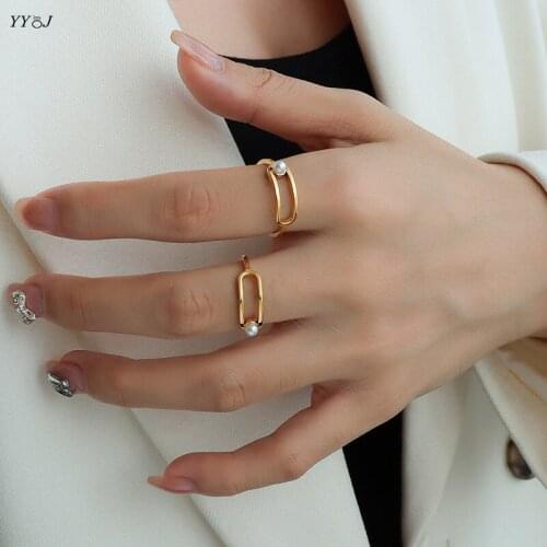 Geometry pearl gold stainless steel ring for women simple dainty elegant ring stackable trendy woomen jewelry 2021