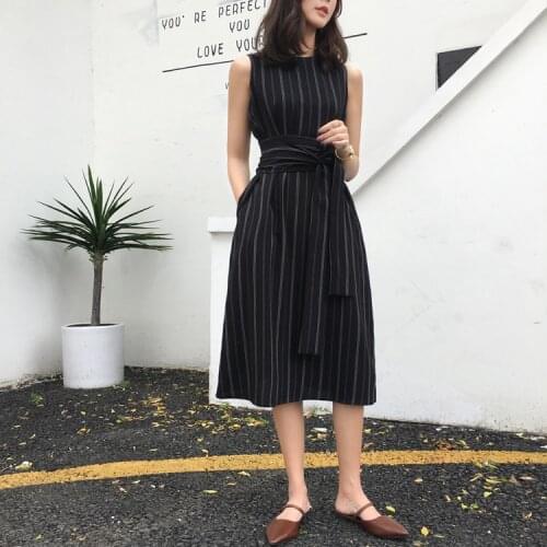 Elegant Office Lady Work Dress Sexy Sleeveless Striped O-Neck A Line Femme Ladies Midi Dresses Summer Autumn Vestido Mujer