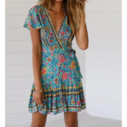 New 2021 Fashion Summer Dress Womens Flare Sleeve Floral Printed Elegant V-neck Belt Bandage Midi Dresses Drop Shipping