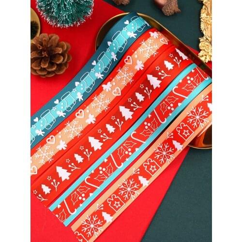 1” 5yards Christmas Tree Snowflakes Grosgrain Ribbons DIY Handmade Child Bow Wedding Decoration Gift Wrap Material