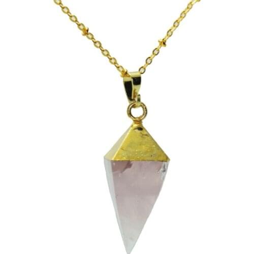 1pc Natural Pink Rose crystal quartz Pendant key chain necklace faceted natural stone gold point pendant necklace for girl gift