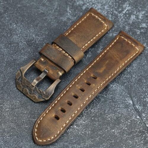 Bronze Buckle Handmade Retro Crazy Horse Leather Watchband 22 24 26MM For PAM Leather Strap