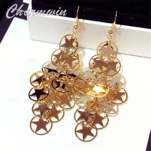Charmwin New Fashion Long Earrings Dangle Earrings For Women Exaggerated Statement Hollow Star Circle Tassel Earrings Women