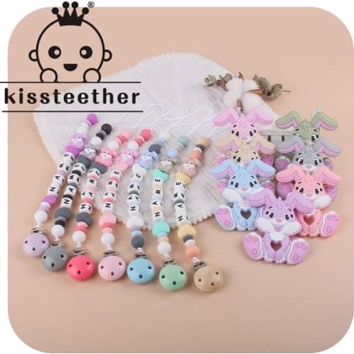 Kissteether Personalised Baby Pacifier Clip Chain Rabbit Silicone Pendant Teether Beads Holder For Infant Nipple Teething Toys