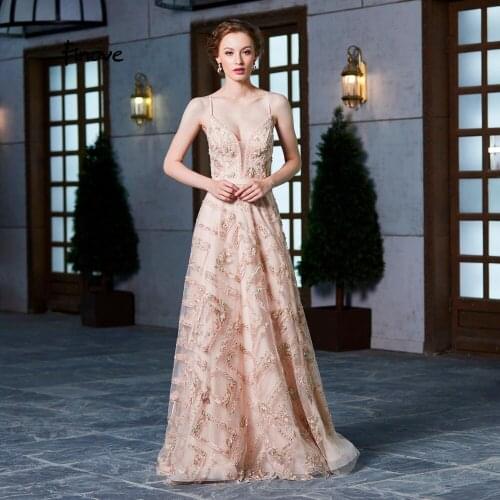 Finove New Evening Dress Long 2020 Floor Length V Neck Backless Elegant A Line Appliques Beading Sequined Woman Dress Plus Size