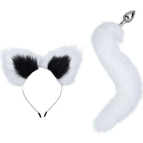IEFiEL Adult Womens Night Sex Toys Kits Faux Fur Animal Ears Headband Headdress with Tail Chrome Metal Plug Set Cosplay Toys