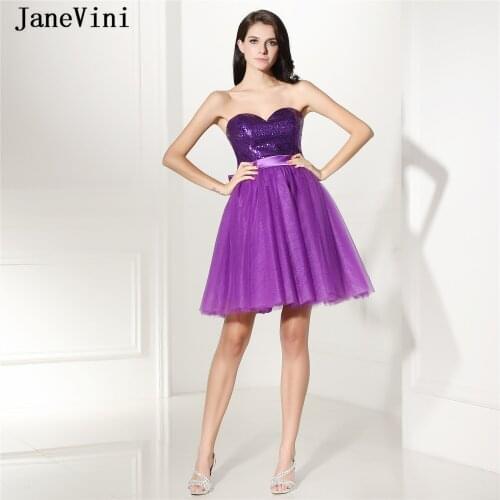JaneVini Elegant A Line Short Sequined Purple Homecoming Dresses 2019 Sweetheart Sleeveless Big Bow Back Tulle Mini Prom Gowns