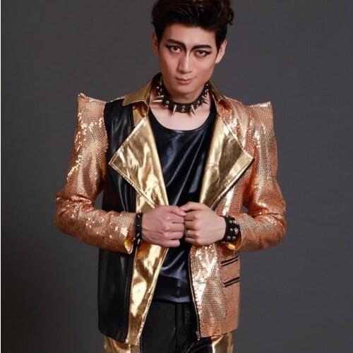 Gold splice fashion men suits designs stage costumes for singers men sequin blazer dance clothes jacket star style dress punk
