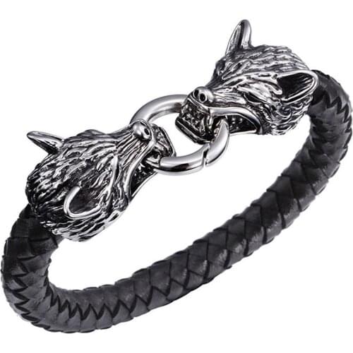 Mens Stainless Steel Wolf Head Clasp Bracelet Genuine Leather Braided Wristband Bracelet