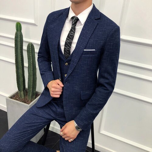 3 Pieces Wedding Dress Suits For Man Blazers Jackets+Pants+Vest Men Good Quality Blue Plaid Suits Male Formal Wear Suits 4XL
