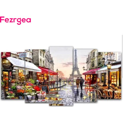 Fezrgea 5D DIY Diamond Painting Tower Couple 5pc Multi-picture Combination diamond painting Round Rhinestone, Home Decor Mosaic