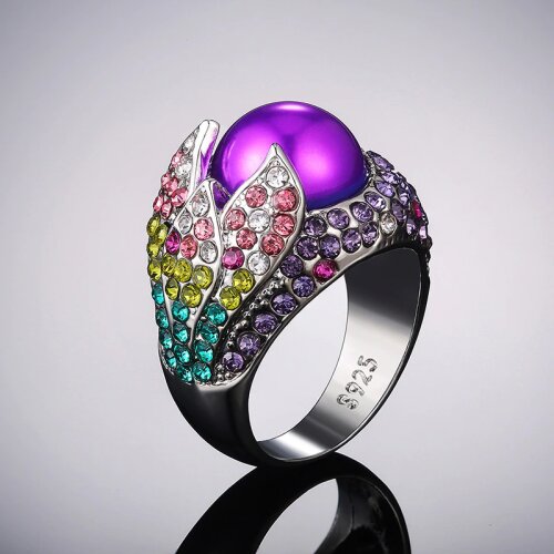 2021 new fashion colorful crystal rhinestone purple simulated pearl rings for women girl wedding party costume accessories gift